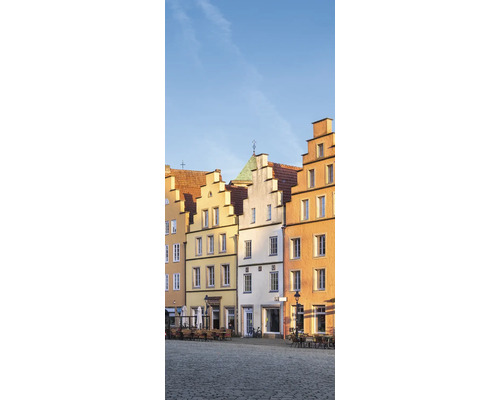Duschrückwand SCHULTE DecoDesign Osnabrück links Häuserzeile Stadt 255 x 100 cm D190102523 8145 Historische Gebäude mit Giebeldächern und Außengastronomie