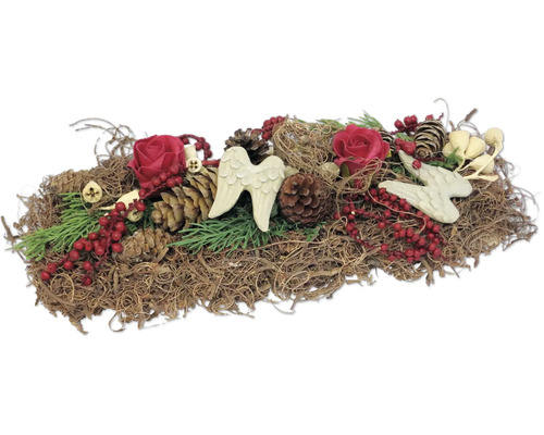 Gesteck mit Rosen, Tannenzapfen, Beeren und Engelsfiguren