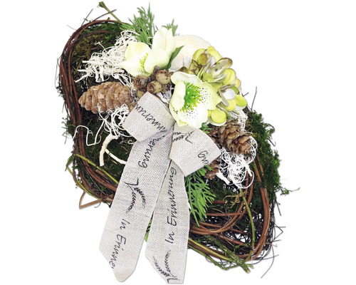 Grabgesteck Rebenraute mit Christrose L ca. 34 cm B ca. 19 cm H ca. 17 cm Gedenkgesteck mit Schleife, Tannenzapfen und Blüten