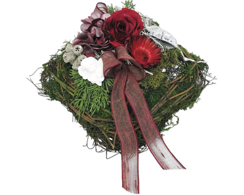 Gesteck mit Rosen, Schleife und Tannengrün