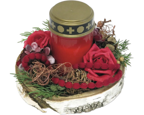 Grabgesteck Birkenscheiben Tablett mit Grablicht rot Ø ca. 17 cm H ca. 14 cm Grabgesteck mit Kerze und Rosen auf Birkenholztablett