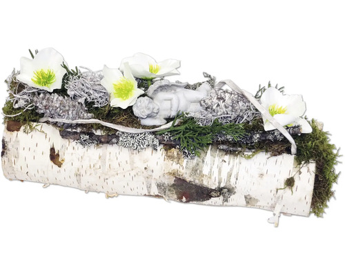 Grabgesteck Birkenholz-Jardiniere mit Engel L ca. 34 cm B ca. 11 cm H ca. 14 cm Dekoration mit Engel, Blumen und Baumrinde