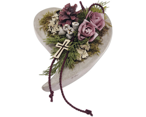 Grabgesteck Herzschale mit Rose brombeer L ca. 22,5 cm B ca. 17 cm H ca. 11 cm Herzförmiges Grabgesteck mit Kreuz, Tannenzapfen, Rosen und Band