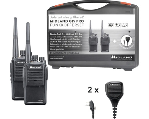 Midland G15 Pro Funkgeräteset mit zwei Funkgeräten, zwei Headsets und Transportkoffer