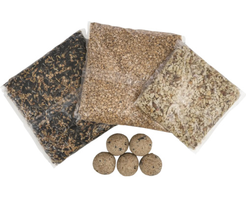 Wildvogelfutter Mr. Corn Wildvogelfutter - Set ca. 2,9 kg Ganzjahresvogelfutter Drei Beutel mit Vogelfutter und sechs Futterknödel