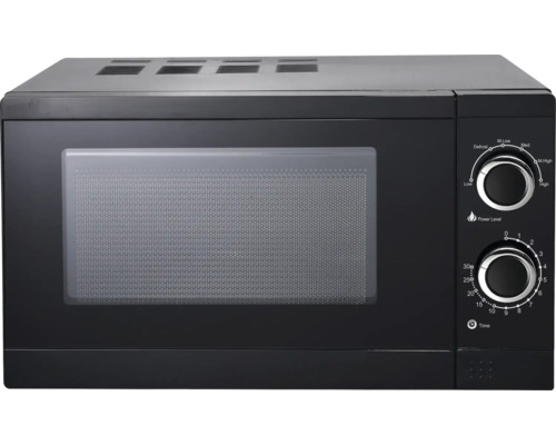 Schwarze Mikrowelle mit Drehknebel zur Leistungs- und Zeiteinstellung