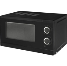 Schwarze Mikrowelle mit Drehköpfen zur Leistungs- und Zeiteinstellung.