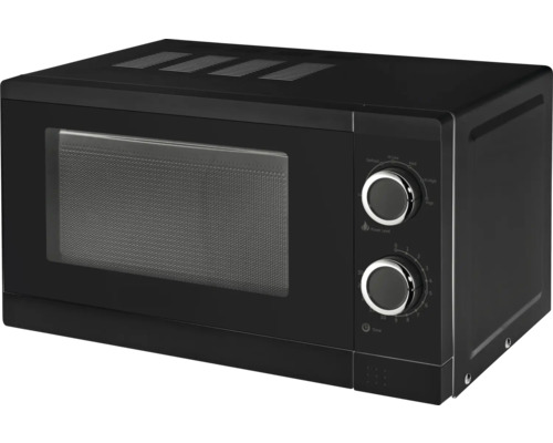 Schwarze Mikrowelle mit Drehköpfen zur Leistungs- und Zeiteinstellung.