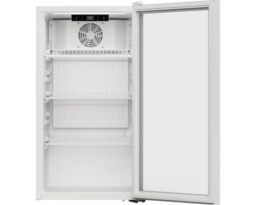 Geöffneter Getränkekühlschrank mit Glasfront und Regalen