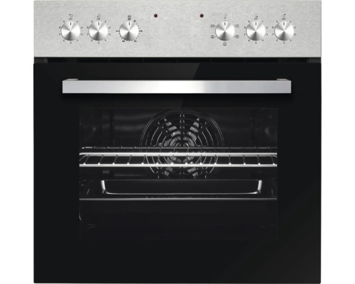 Edelstahl Einbaubackofen mit Bedienknöpfen und Innenraumbeleuchtung