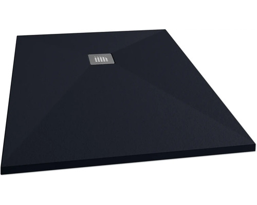 Schwarze Duschwanne mit quadratischem Ablauf