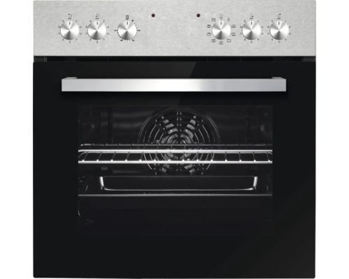 Edelstahl-Einbaubackofen mit Bedienknöpfen und Innenraumbeleuchtung