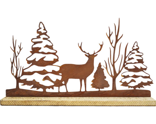Dekorative Winterlandschaft mit Hirsch und Bäumen auf Holzsockel