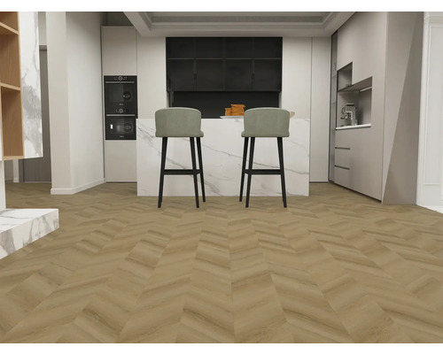 Moderne Küche mit zwei Barhockern und Fischgrätparkett