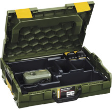 Geöffnete Werkzeugkiste mit Ladegerät und Akkus der Marke Proxxon