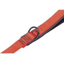 Detailansicht eines roten Textil-Hundegeschirrs mit Metallring