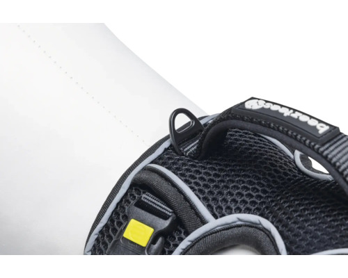 Nahaufnahme eines Hundegeschirrs mit Befestigungspunkt und Beeztees Logo.