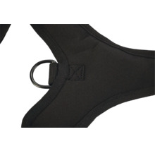 Detailansicht eines schwarzen Hundegeschirrs mit Ring.