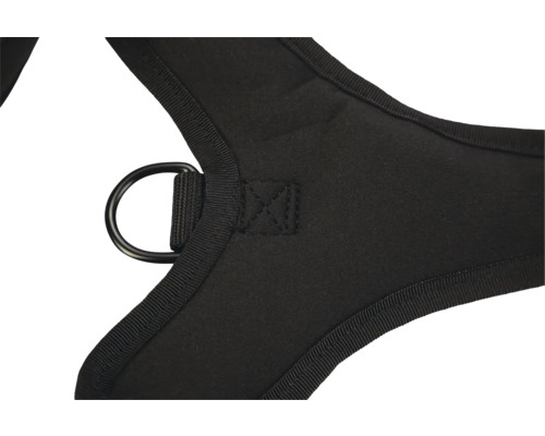 Detailansicht eines schwarzen Hundegeschirrs mit Ring.