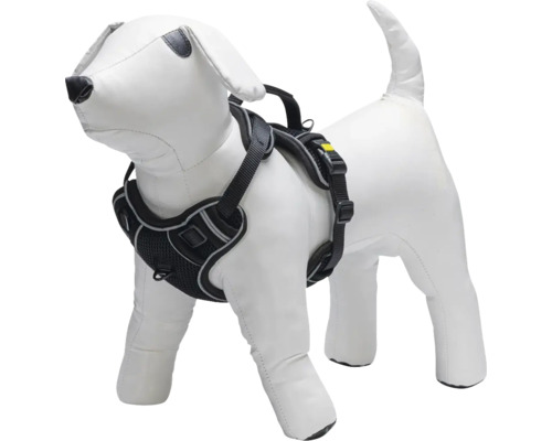 Schwarzes Hundegeschirr an einer Hundepuppe.