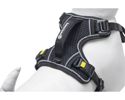 Schwarzes Hundegeschirr mit Netzmaterial und verstellbaren Riemen.