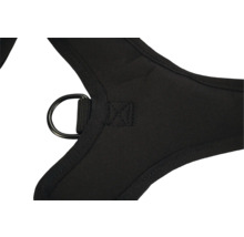 Detailansicht eines schwarzen Hundegeschirrs mit Metallring