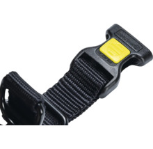 Detailansicht eines schwarzen Hundehalsbandes mit gelbem Verschluss