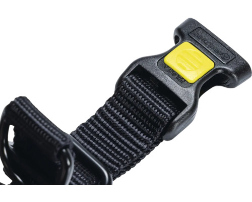 Detailansicht eines schwarzen Hundehalsbands mit gelbem Verschluss