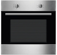 Edelstahl Einbaubackofen mit schwarzer Glastür und Drehknöpfen