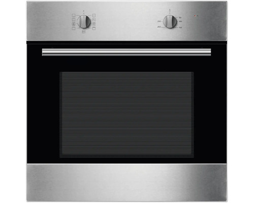 Edelstahl Einbaubackofen mit schwarzer Glastür und Drehknöpfen