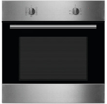 Edelstahl Einbaubackofen mit schwarzer Glastür und Drehknöpfen zur Temperatur- und Programmeinstellung