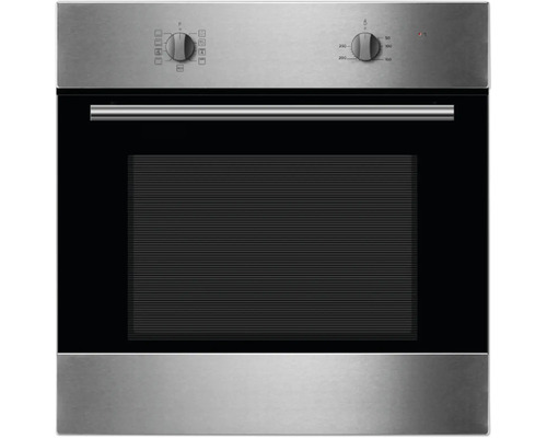 Edelstahl Einbaubackofen mit schwarzer Glastür und Drehknöpfen zur Temperatur- und Programmeinstellung