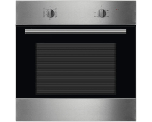 Edelstahl Einbaubackofen mit Reglern zur Temperatureinstellung und Betriebsartauswahl