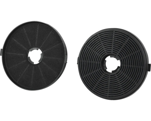 Zwei runde Aktivkohlefilter für Dunstabzugshauben, ein Filter mit Gitternetzstruktur und ein Filter mit Vliesoberfläche.