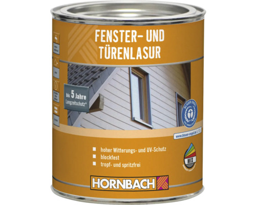 HORNBACH Fenster- und Türenlasur im Wunschfarbton mischen lassen Dose Fenster- und Türenlasur mit Schutz vor Witterung und UV-Strahlung, blockfest, tropf- und spritzfrei, Hornbach Logo