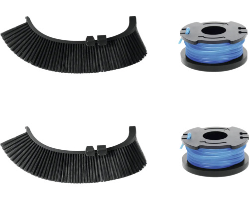 Zwei Kehrbürsten und zwei Spulen mit Mähfaden