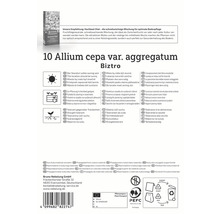 Verpackung der Allium cepa var. aggregatum Biztro mit Informationen zu Standort, Pflanzung und Eigenschaften