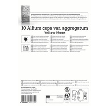 Verpackung von 10 Allium cepa var. aggregatum Yellow Moon Blumenzwiebeln mit Informationen zu Standort, Pflanzung und Vermehrung