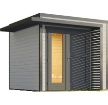 Modernes Gartenhaus mit Holzwänden, Fenster und seitlichem Sichtschutz