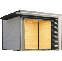 Modernes Gartenhaus mit Schiebetür und Holzverkleidung