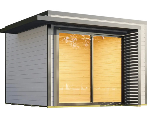 Modernes Gartenhaus mit Schiebetür und Holzverkleidung