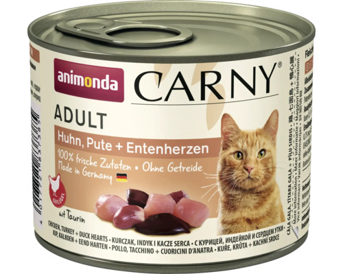Katzenfutter nass animonda Carny Adult Huhn & Pute & Entenherz 200 g Animonda Carny Adult Katzenfutter mit Huhn, Pute und Entenherzen in Konservendose