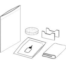 Inhalt einer Reparaturpackung mit Flicken, Kleber, Schleifpapier und Werkzeug