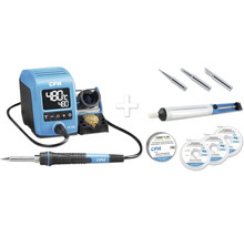 Lötstation mit Lötkolben, Lötzinn, Entlötpumpe und Lötkolbenspitzen