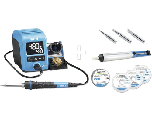 Lötstation mit Lötkolben, Lötzinn, Entlötpumpe und Lötkolbenspitzen