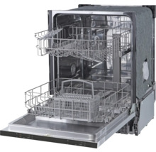 Offener Geschirrspüler mit zwei Körben und Besteckkorb