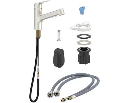 Küchenarmatur mit Montagezubehör und flexiblen Anschlussschläuchen