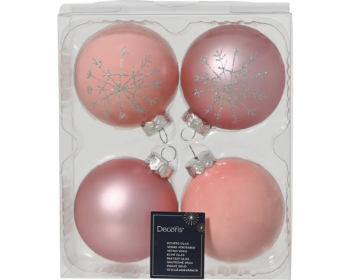 Weihnachtsbaumkugeln Glas Ø 8 cm rosa 4 Stück Vier rosa Christbaumkugeln aus Glas, zwei davon mit Schneeflockenmuster