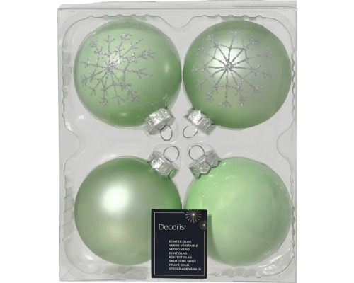 Weihnachtsbaumkugeln Glas Ø 8 cm Schneeflocken grün 4 Stück Vier hellgrüne Weihnachtskugeln aus Glas, zwei mit Schneeflockenmuster, in einer transparenten Verpackung