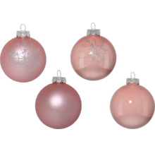Vier Christbaumkugeln mit und ohne Schneeflockenmuster